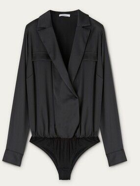 Satin Body Shirt Bodysuit - Black